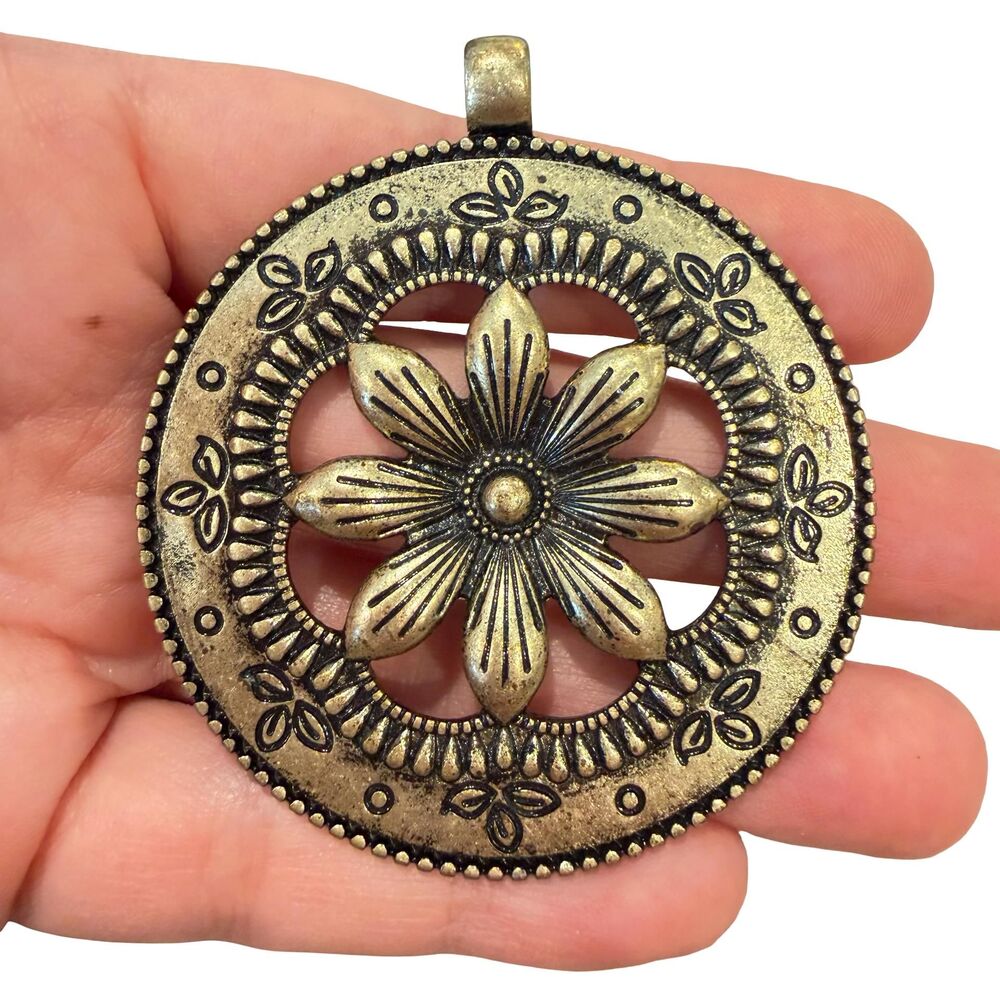 Vintage Jewelry Brass Daisy Pendant Large Flower Pendant